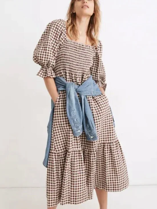 Madewell Lucie Elbow-Sleeve Smocked Gingham Midi Dress Two Pockets Women's M - Picture 1 of 15
